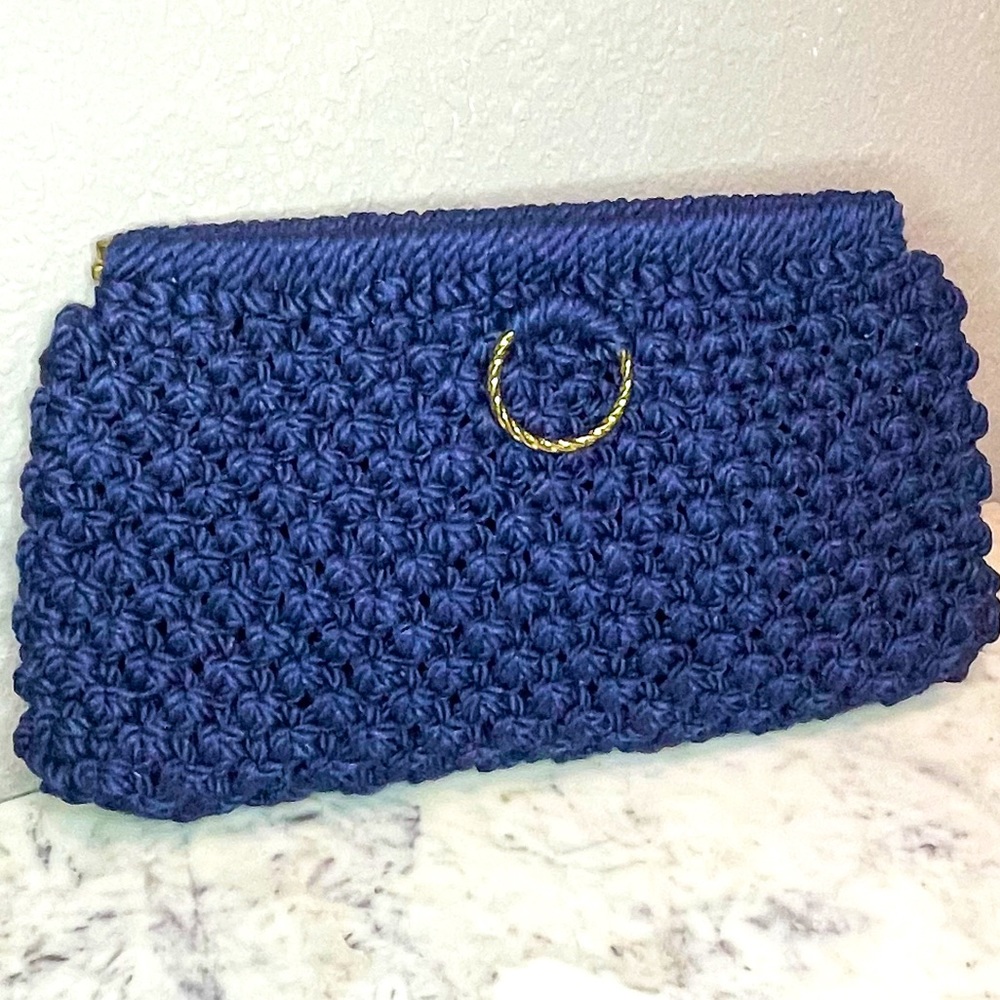 Vintage blue crochet macrame style clutch purse